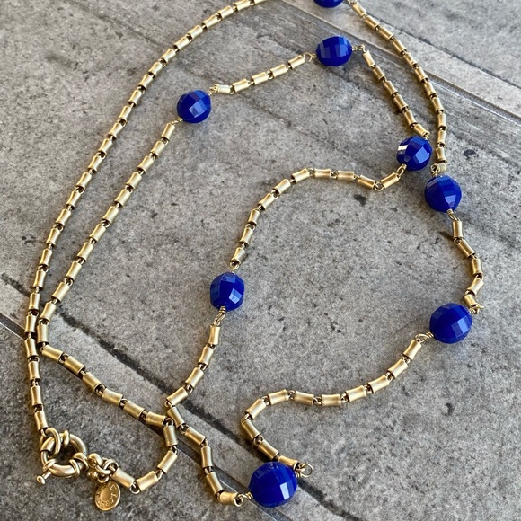 J. Crew Jewelry - J. Crew Necklace Cobalt Blue Faceted Acrylic Beads Asymmetric Gold Tone …